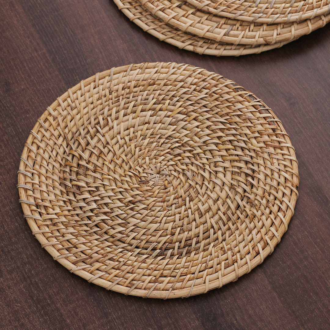 Set of Four Handwoven Round Natural Cane Fiber Placemats - Natural Flair