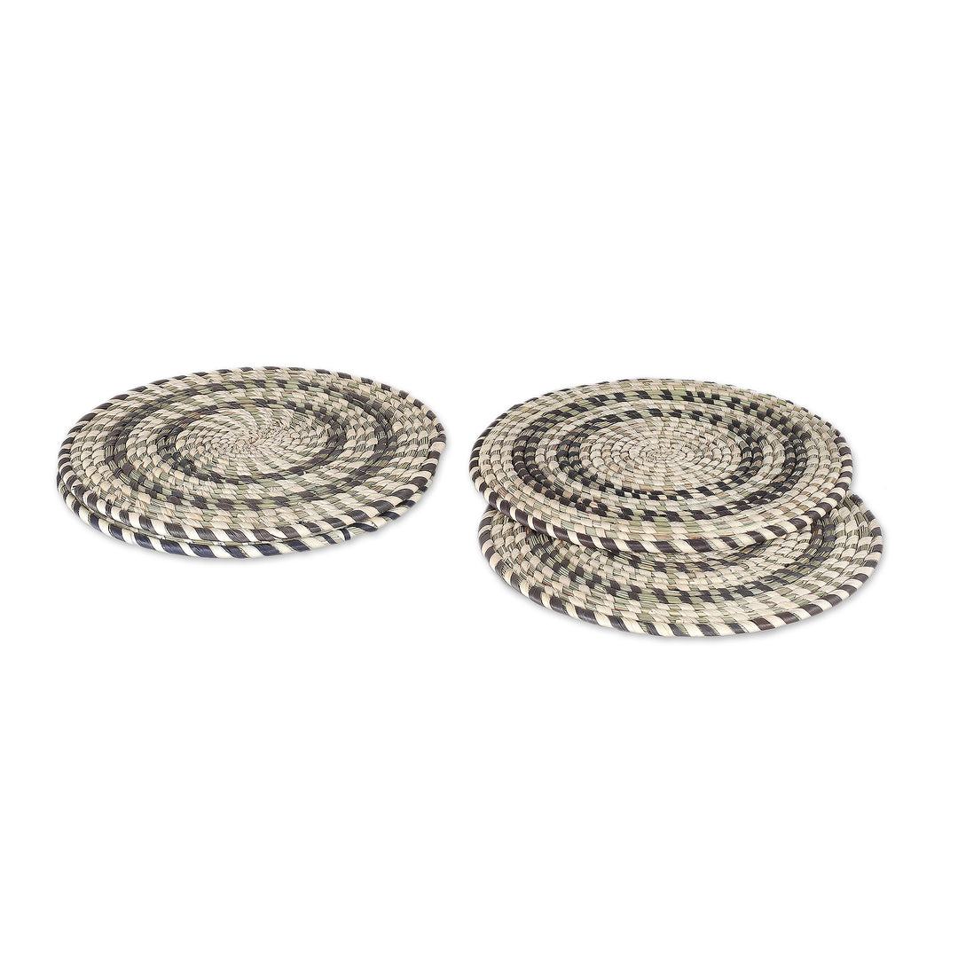 Set of 4 Handwoven Green and Beige Natural Fiber Placemats - Sylvan Mandalas