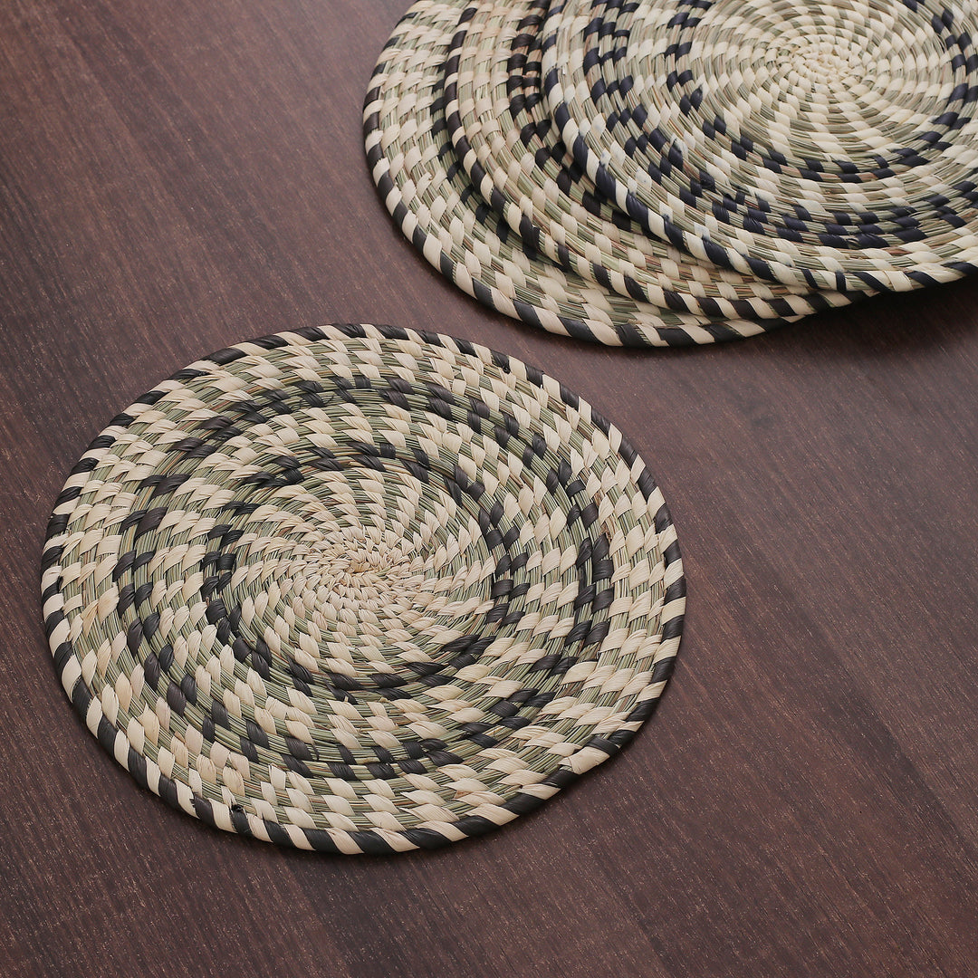 Set of 4 Handwoven Green and Beige Natural Fiber Placemats - Sylvan Mandalas