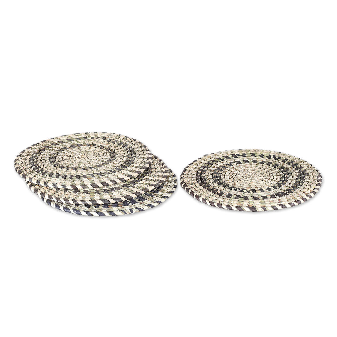 Set of 4 Handwoven Green and Beige Natural Fiber Placemats - Sylvan Mandalas