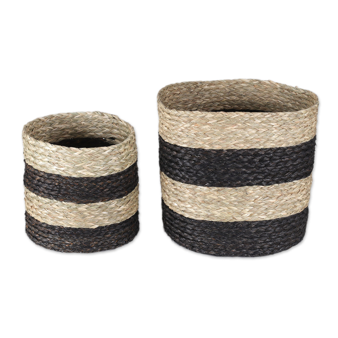 Set of 2 Striped Black and Beige Natural Fiber Baskets - Striped Essence