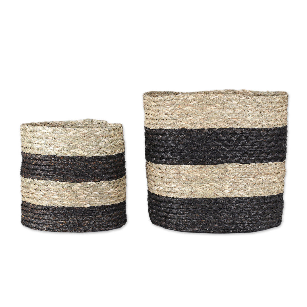 Set of 2 Striped Black and Beige Natural Fiber Baskets - Striped Essence