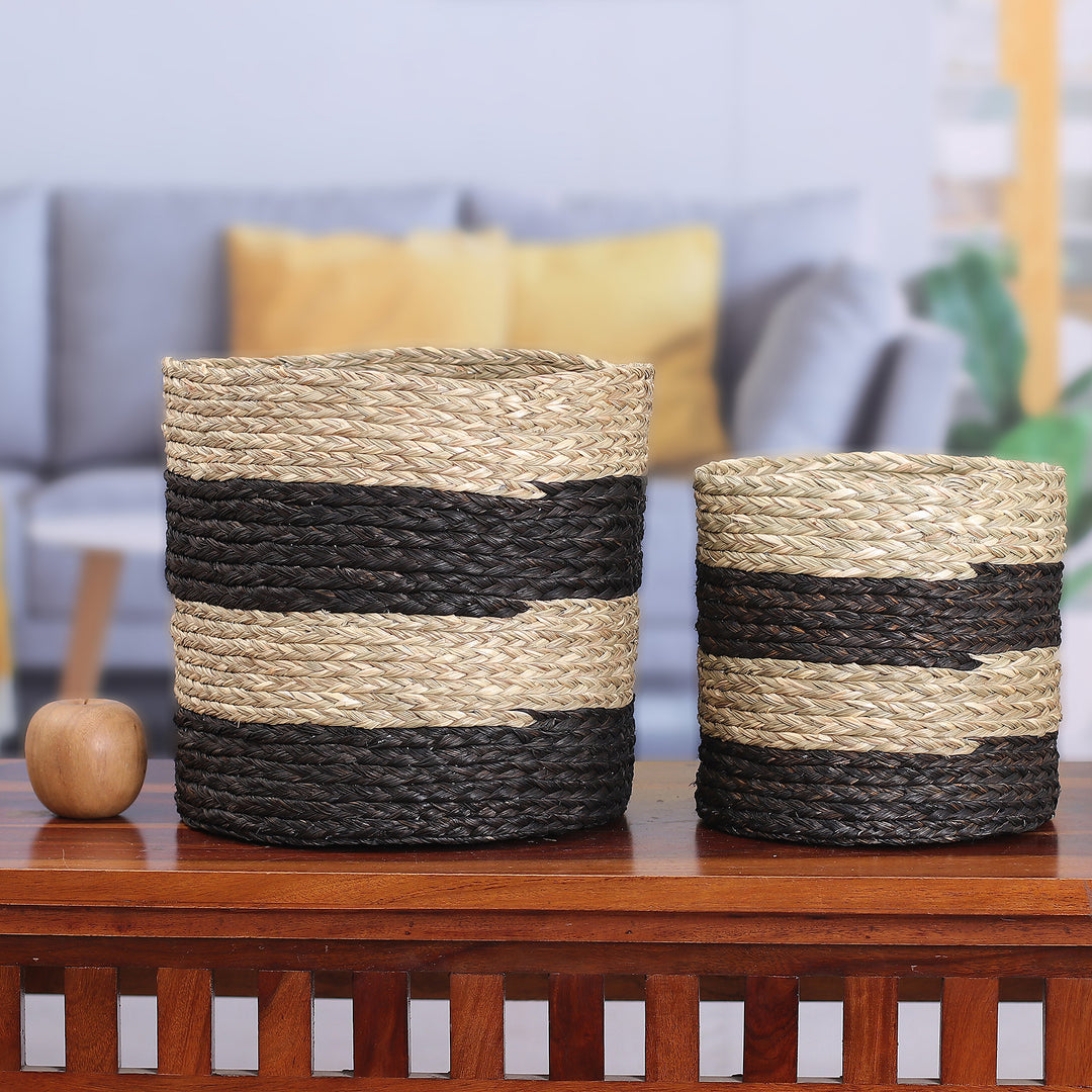 Set of 2 Striped Black and Beige Natural Fiber Baskets - Striped Essence