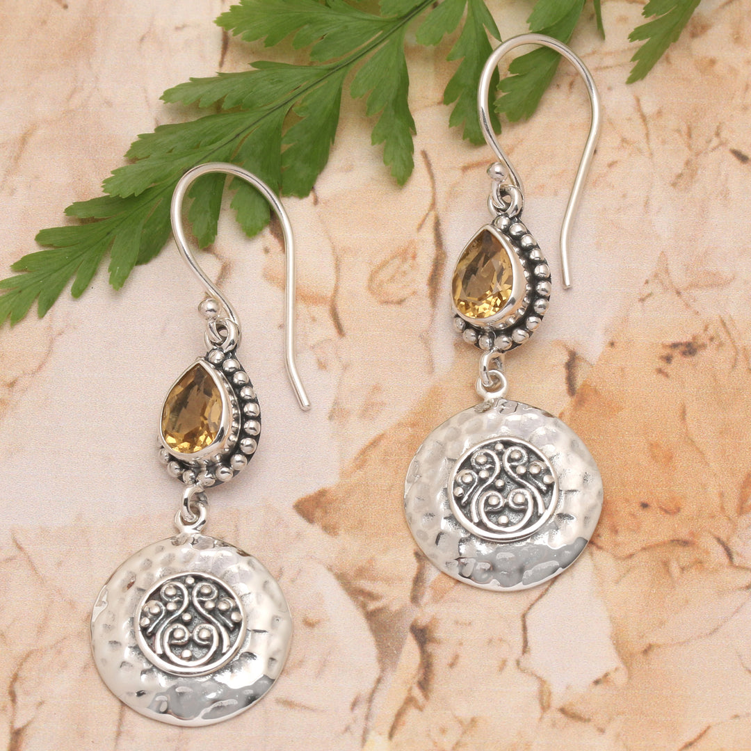 Textured Sterling Silver Pear-Shaped Citrine Dangle Earrings - Bali Yellow Paradise