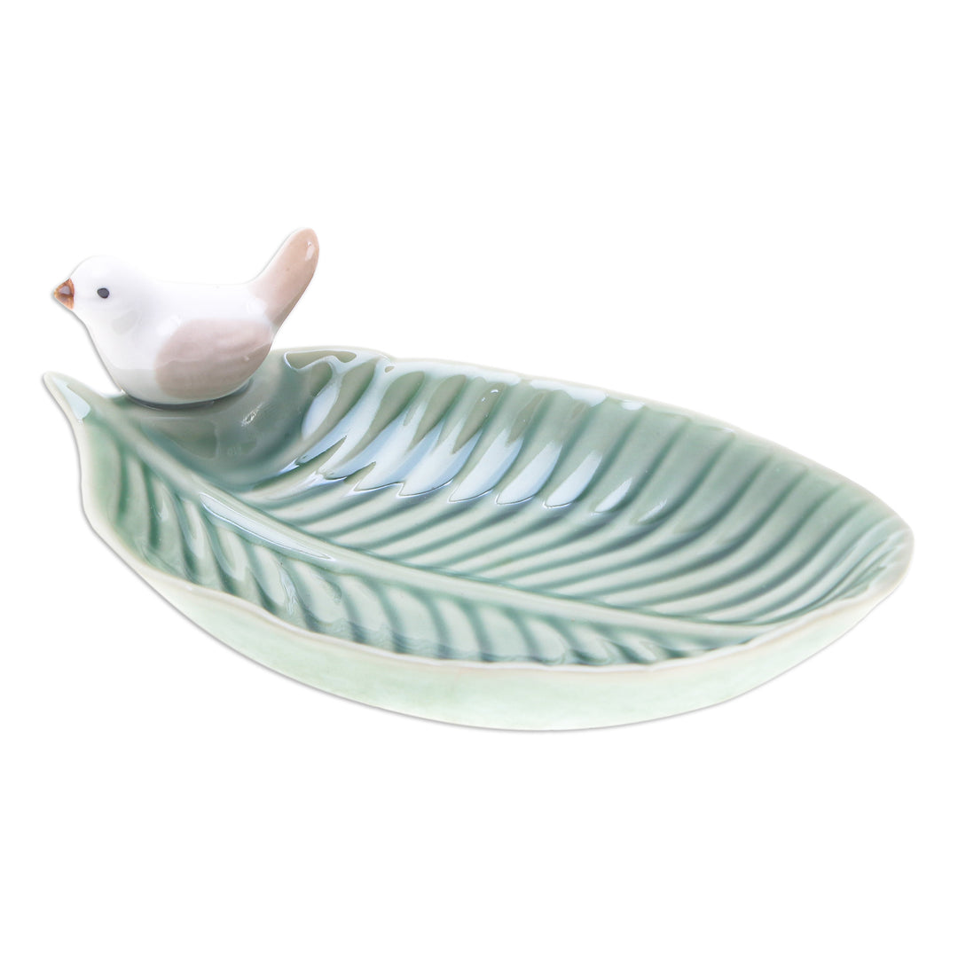 Handcrafted Bird-Themed Leaf-Shaped Green Ceramic Catchall - Chants of Harmony