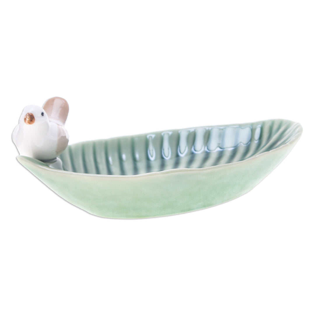 Handcrafted Bird-Themed Leaf-Shaped Green Ceramic Catchall - Chants of Harmony