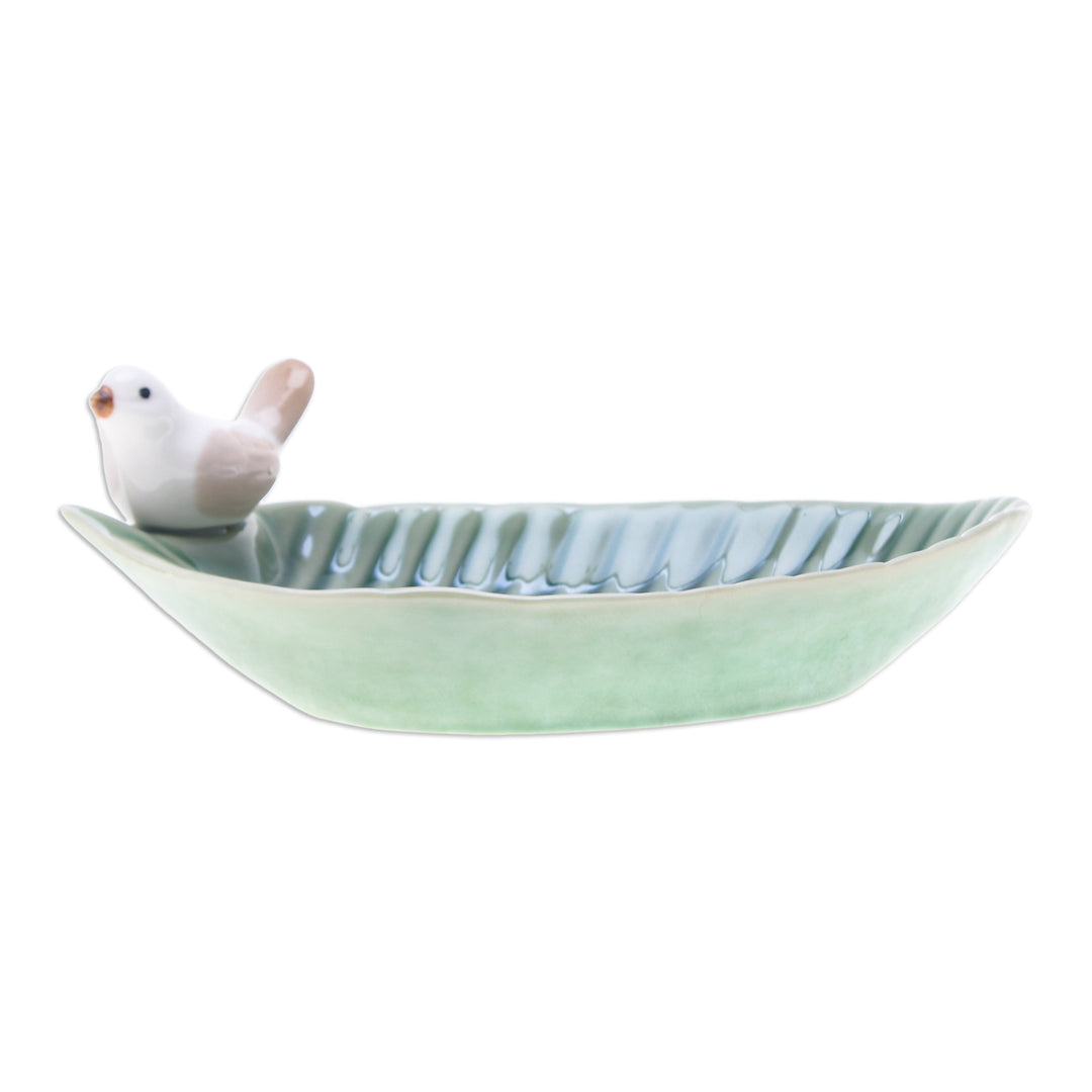 Handcrafted Bird-Themed Leaf-Shaped Green Ceramic Catchall - Chants of Harmony