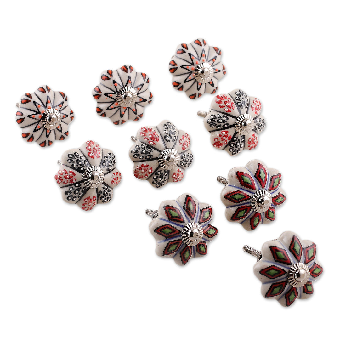 Set of Nine Floral Colorful Ceramic Knobs from India - Palatial Spring
