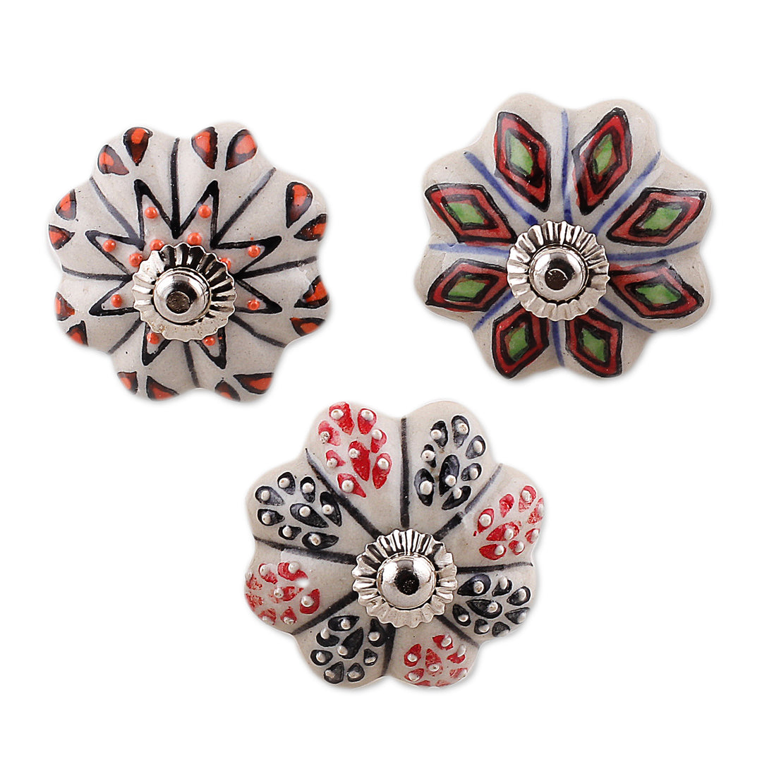 Set of Nine Floral Colorful Ceramic Knobs from India - Palatial Spring