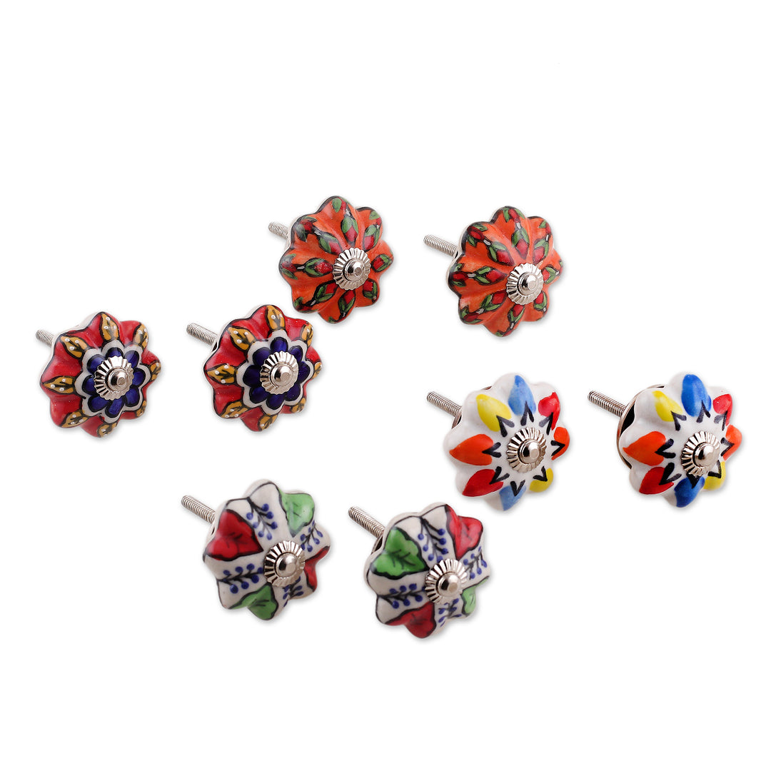 Set of 8 Floral Multicolor Ceramic Knobs from India - Vibrant Utopia