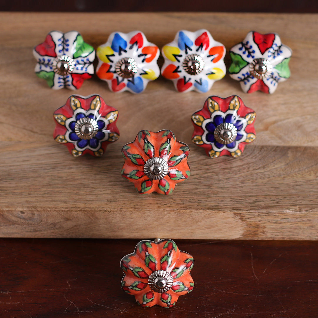 Set of 8 Floral Multicolor Ceramic Knobs from India - Vibrant Utopia