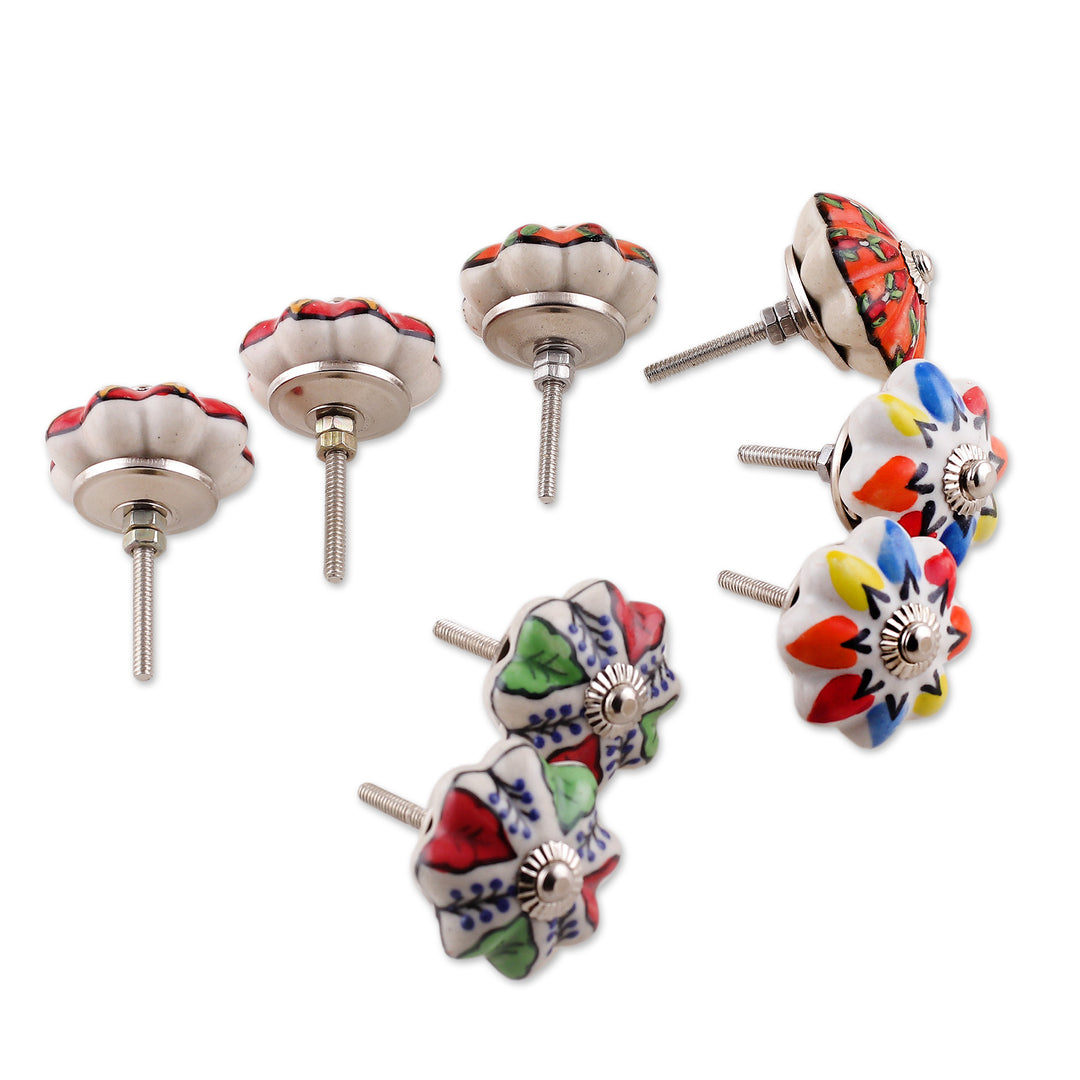 Set of 8 Floral Multicolor Ceramic Knobs from India - Vibrant Utopia