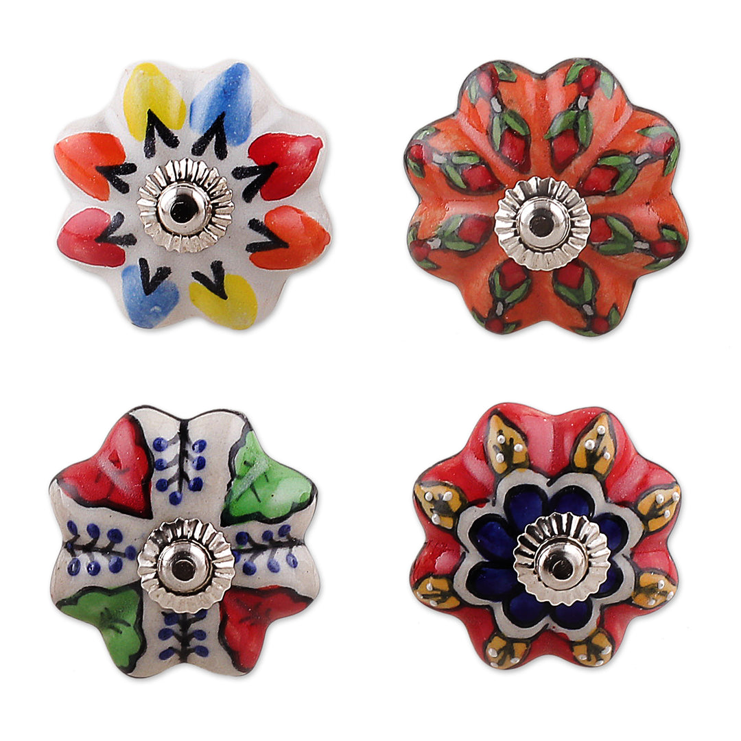 Set of 8 Floral Multicolor Ceramic Knobs from India - Vibrant Utopia