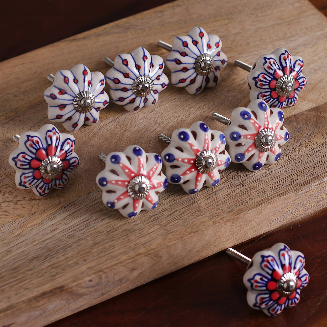 Set of 9 Floral Blue and Red Ceramic Knobs from India - Fantasy Spring