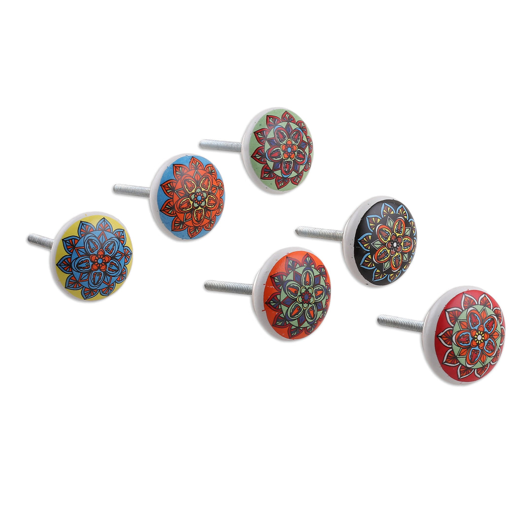 Set of 6 Hand-Painted Floral Mandala-Style Ceramic Knobs - Floral Dreams