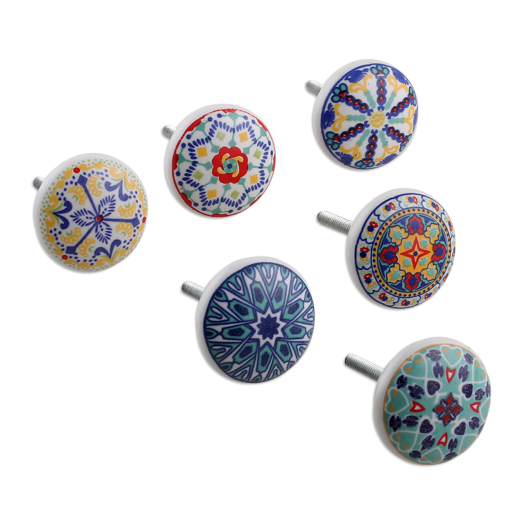 Set of 6 Ceramic Knobs Hand-Painted in Moroccan Tile-Style - Moroccan Fantasy