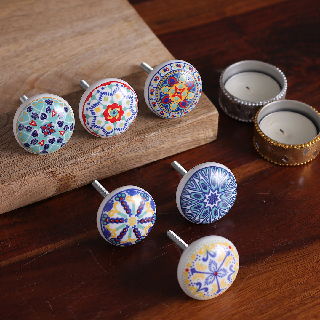 Set of 6 Ceramic Knobs Hand-Painted in Moroccan Tile-Style - Moroccan Fantasy