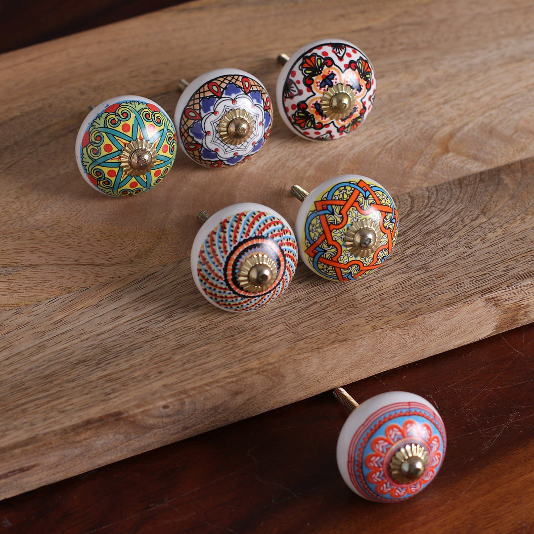 6 Hand-Painted Ceramic Knobs with Moroccan-Style Accents - Moroccan Delight