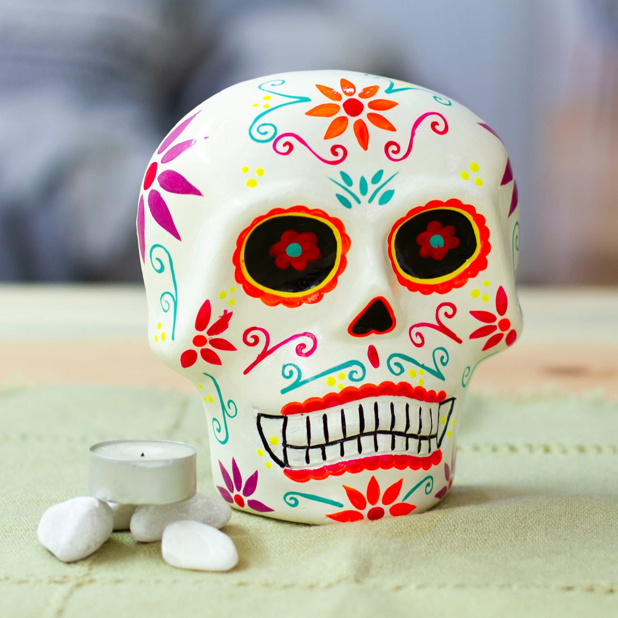 Hand-Painted Floral Day of the Dead Skull Ceramic Wall Art - Face
