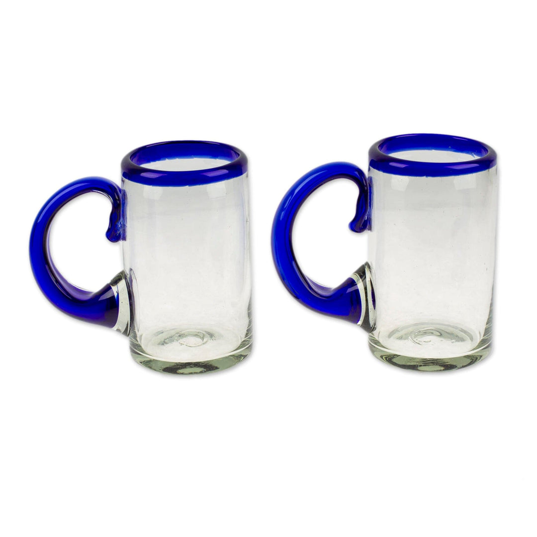 Pair of Handblown Beer Glasses with Cobalt Handle and Rim - Cobalt Brew