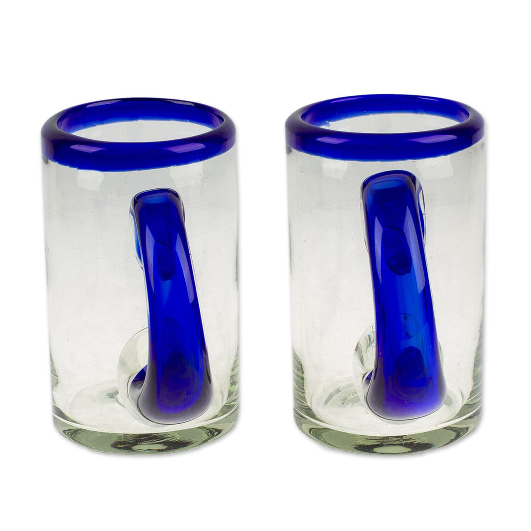 Pair of Handblown Beer Glasses with Cobalt Handle and Rim - Cobalt Brew