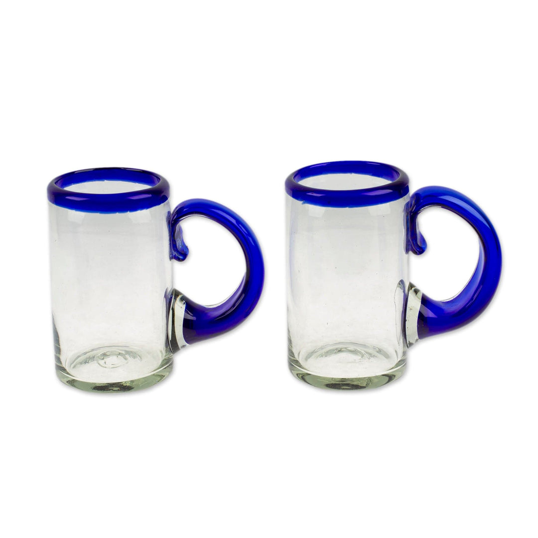 Pair of Handblown Beer Glasses with Cobalt Handle and Rim - Cobalt Brew
