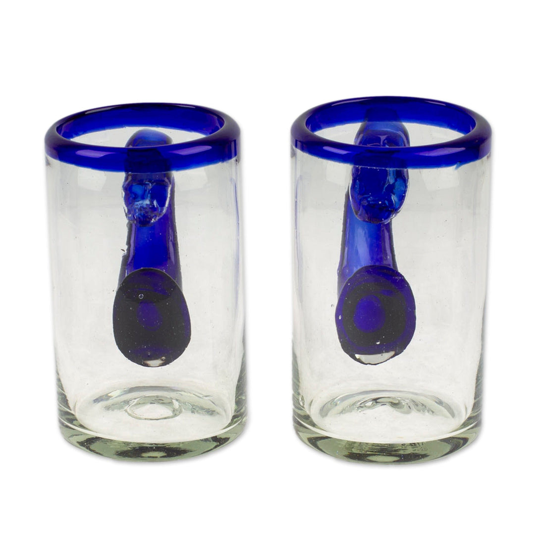 Pair of Handblown Beer Glasses with Cobalt Handle and Rim - Cobalt Brew