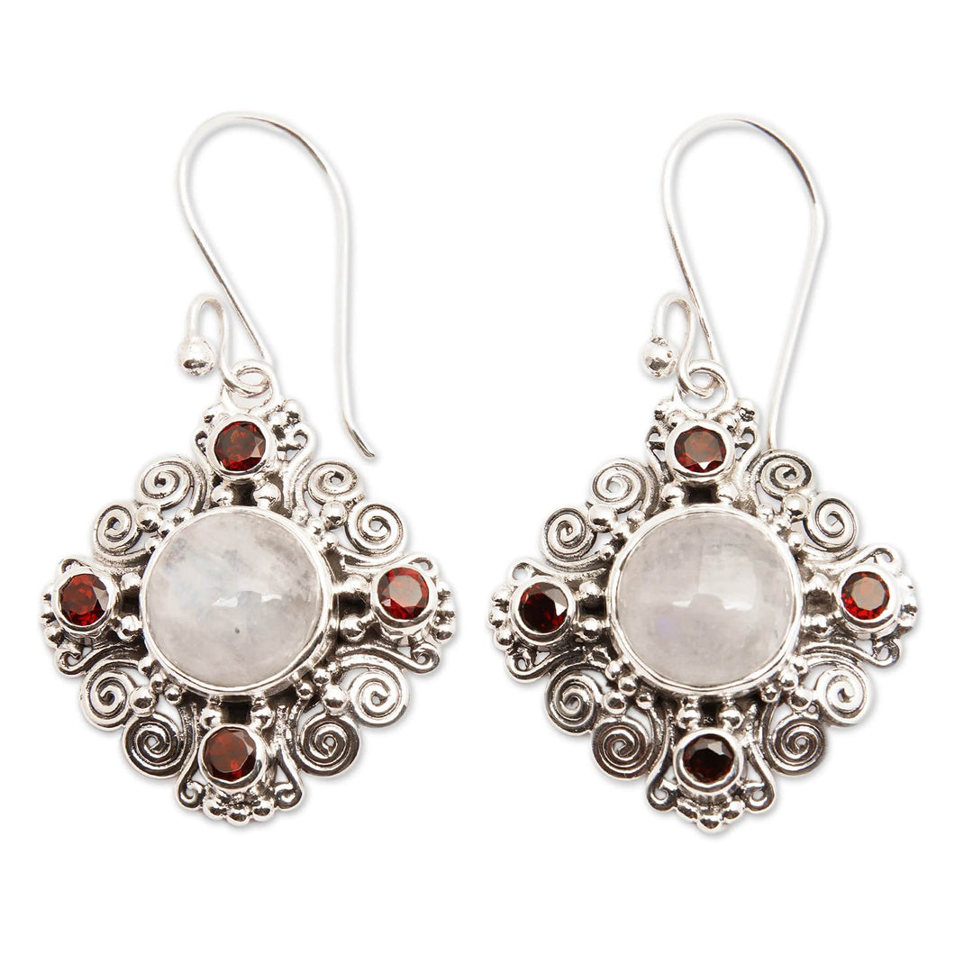 Classic 2-Carat Garnet and Rainbow Moonstone Dangle Earrings - Lunar Passion