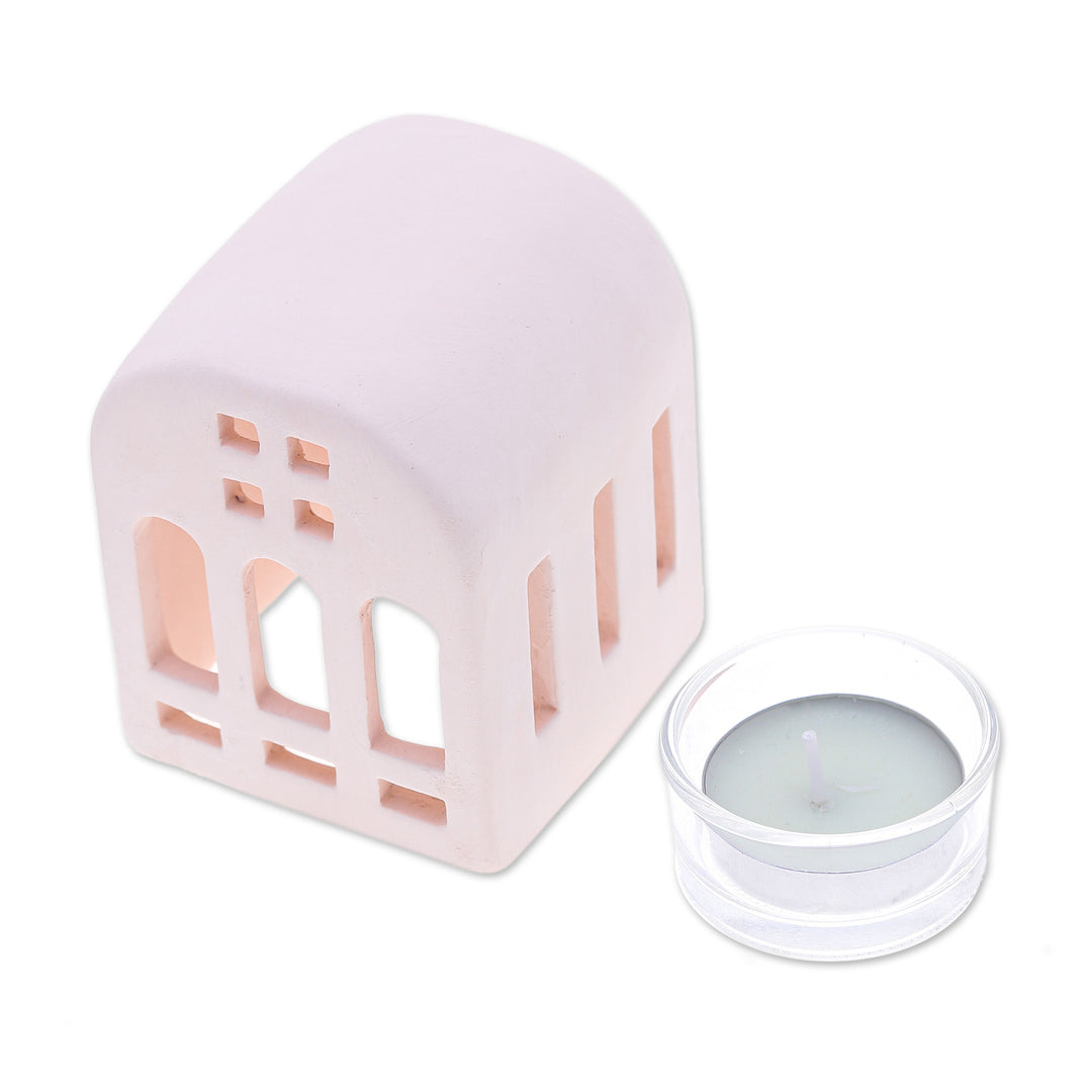 House-Shaped Ceramic Tealight Holder in Pink from Thailand - Minimalist House