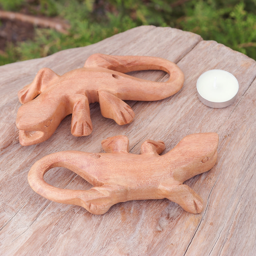 Hand-Carved Raintree Wood Gecko Ocarina Pair from Thailand - Gecko Song