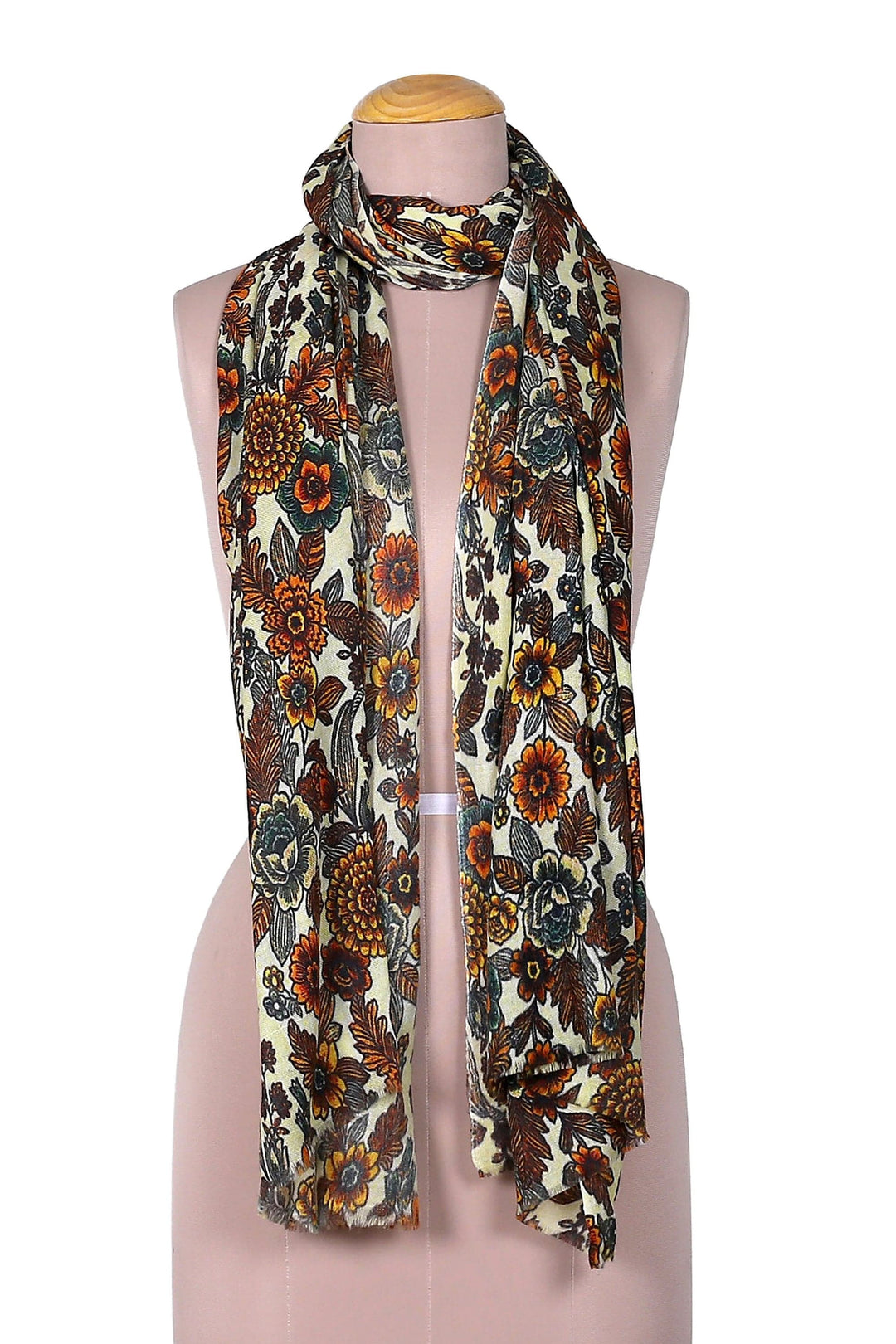 Floral Printed Yellow and Orange Wool and Silk Blend Shawl - Spring Dream