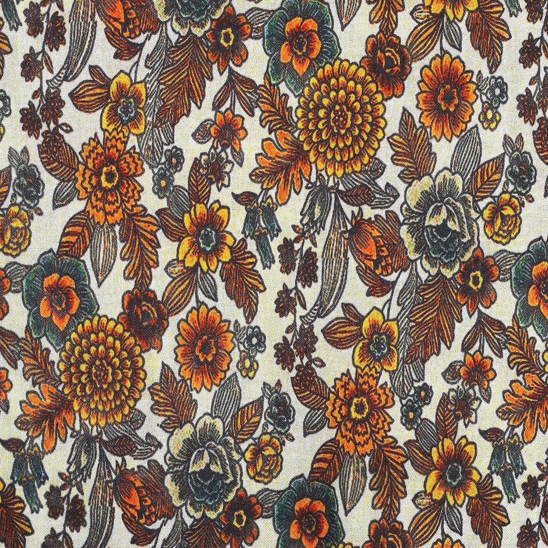 Floral Printed Yellow and Orange Wool and Silk Blend Shawl - Spring Dream