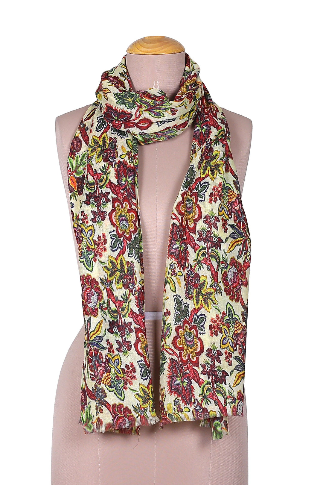 Floral Printed Red and Yellow Wool and Silk Blend Shawl - Spring Joy