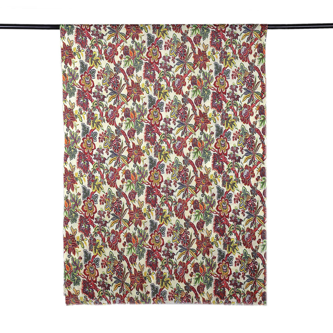 Floral Printed Red and Yellow Wool and Silk Blend Shawl - Spring Joy