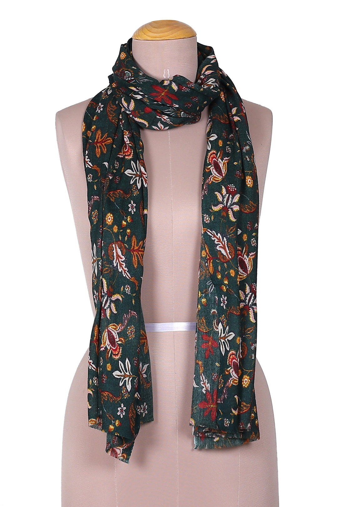 Floral Printed Green and Red Wool and Silk Blend Shawl - Spring Vitality