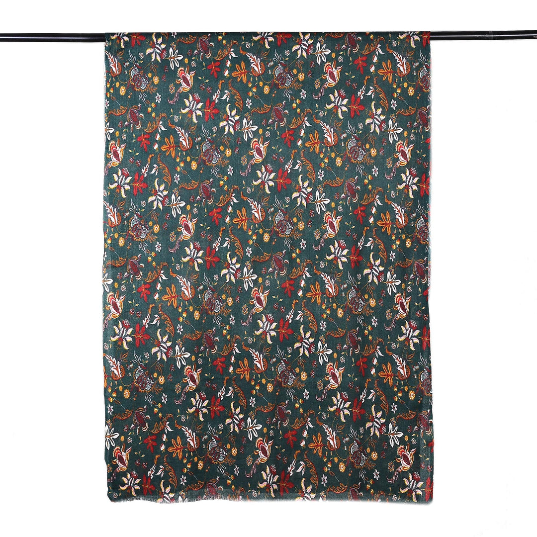 Floral Printed Green and Red Wool and Silk Blend Shawl - Spring Vitality