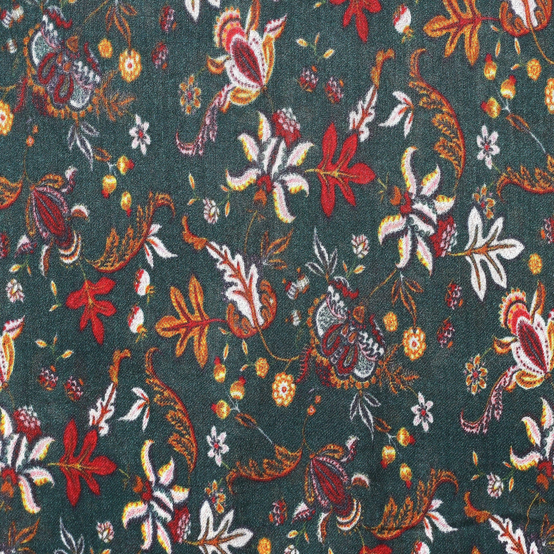 Floral Printed Green and Red Wool and Silk Blend Shawl - Spring Vitality