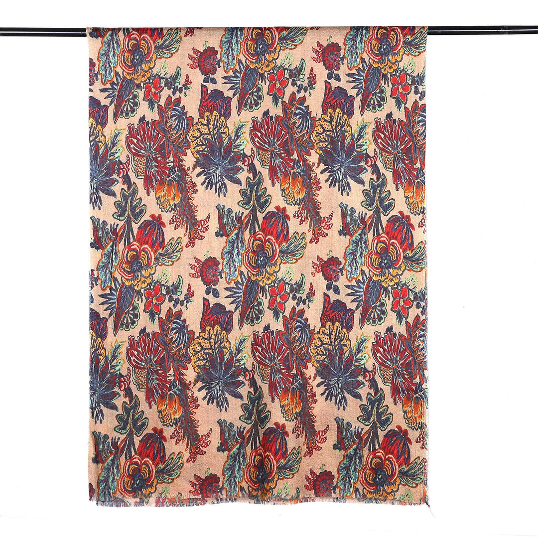 Floral Printed Multicolor Wool and Silk Blend Shawl - Spring Utopia