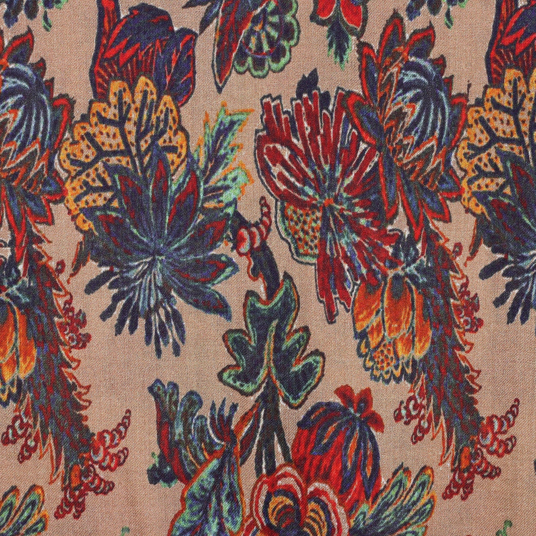 Floral Printed Multicolor Wool and Silk Blend Shawl - Spring Utopia