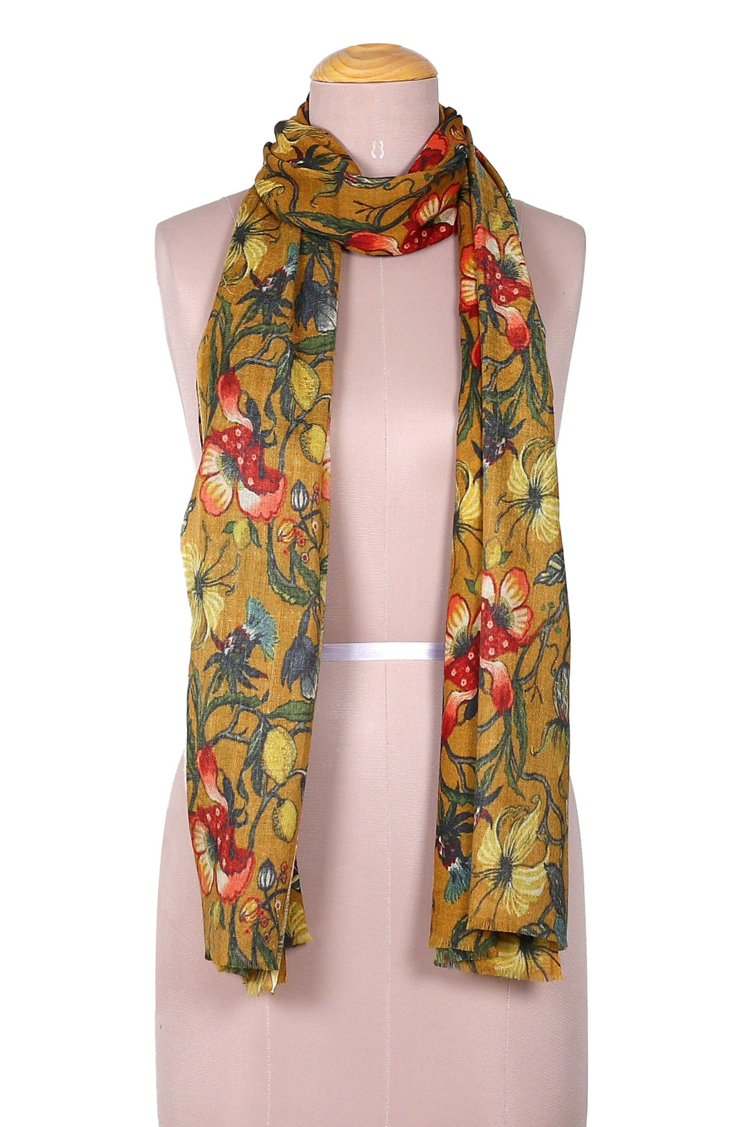 Floral Wool and Silk Blend Shawl in a Honey Base Hue - Blooming Sunshine