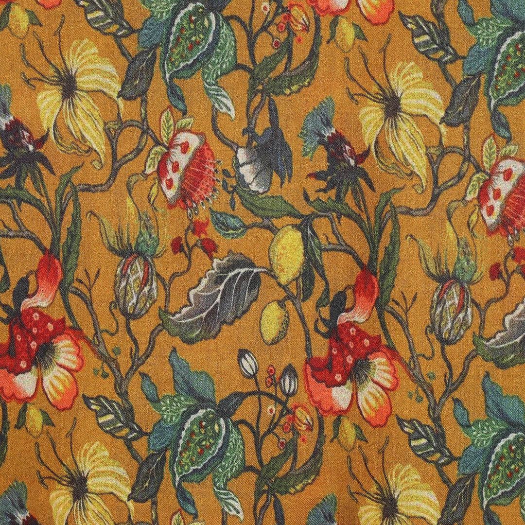 Floral Wool and Silk Blend Shawl in a Honey Base Hue - Blooming Sunshine