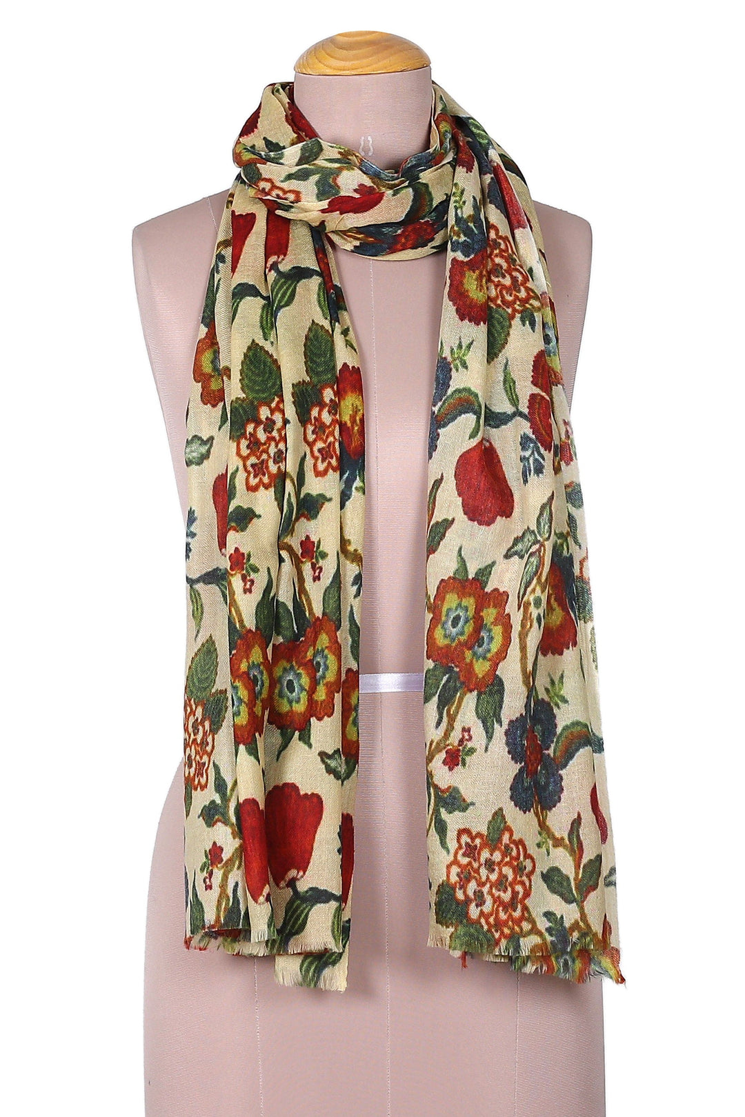 Floral Printed Red and Ivory Wool and Silk Blend Shawl - Spring Grace