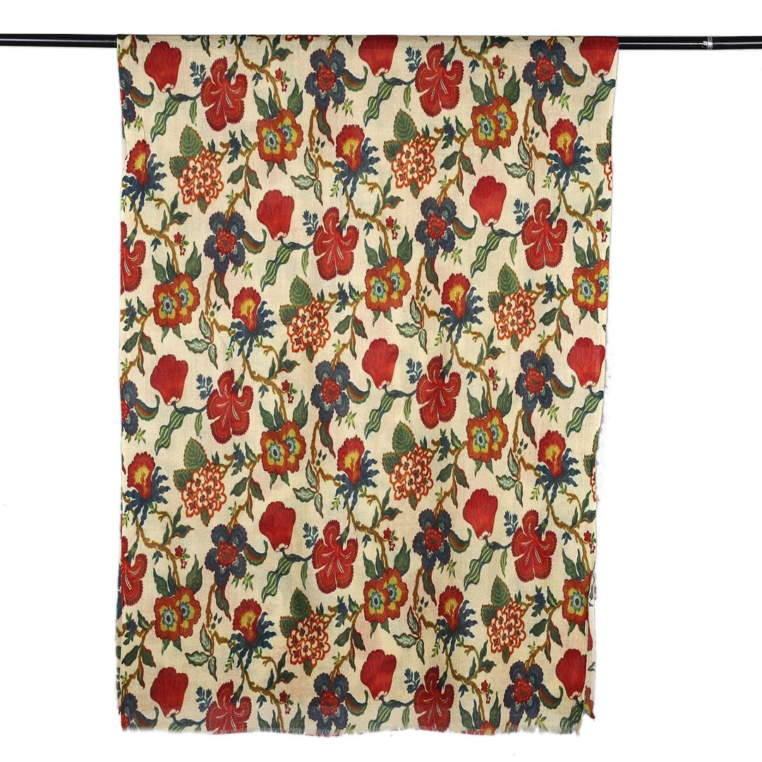 Floral Printed Red and Ivory Wool and Silk Blend Shawl - Spring Grace