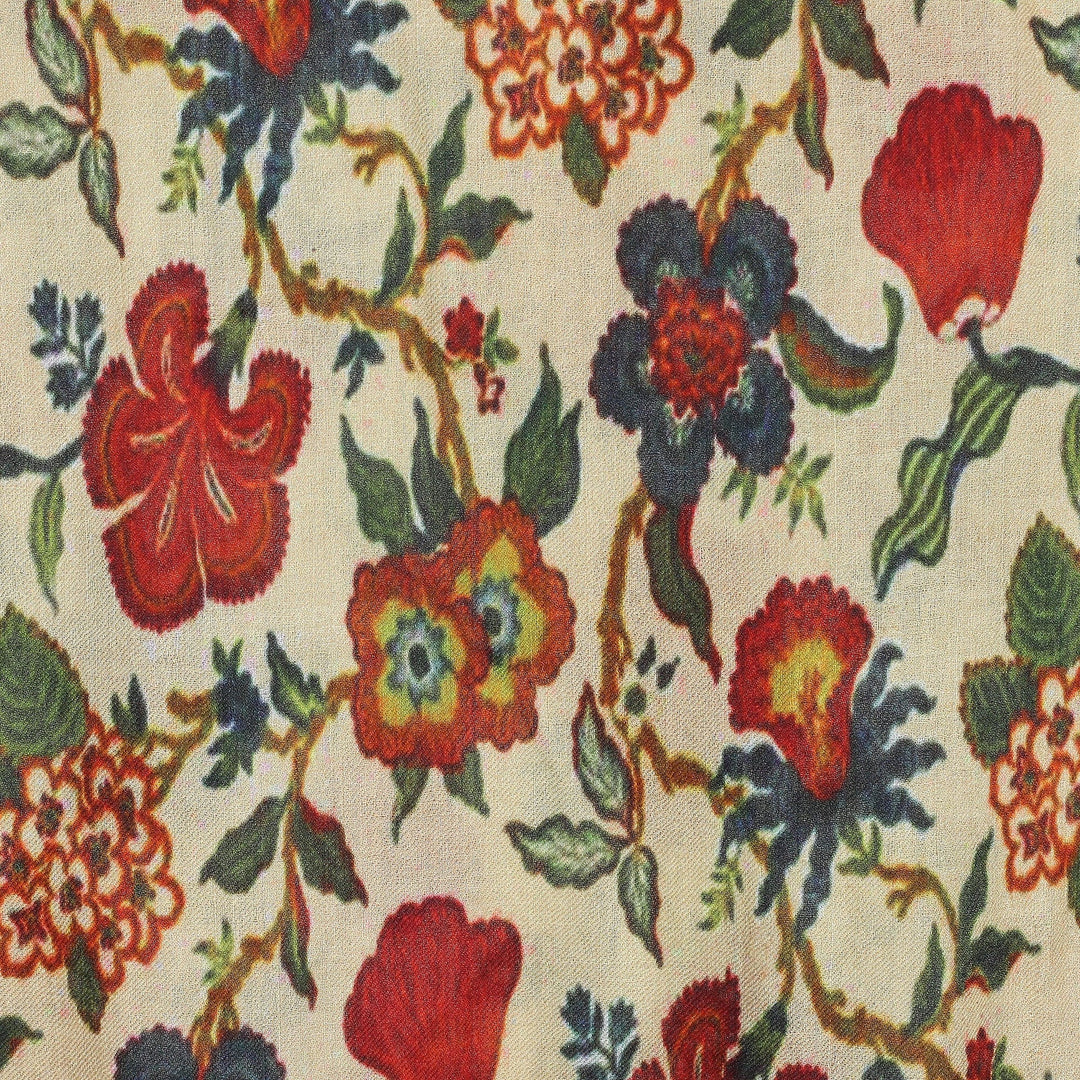 Floral Printed Red and Ivory Wool and Silk Blend Shawl - Spring Grace