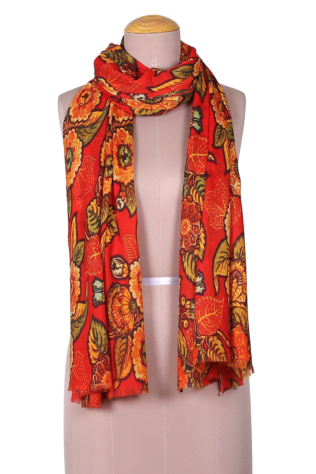 Floral Printed Poppy and Orange Wool and Silk Blend Shawl - Spring Sunset