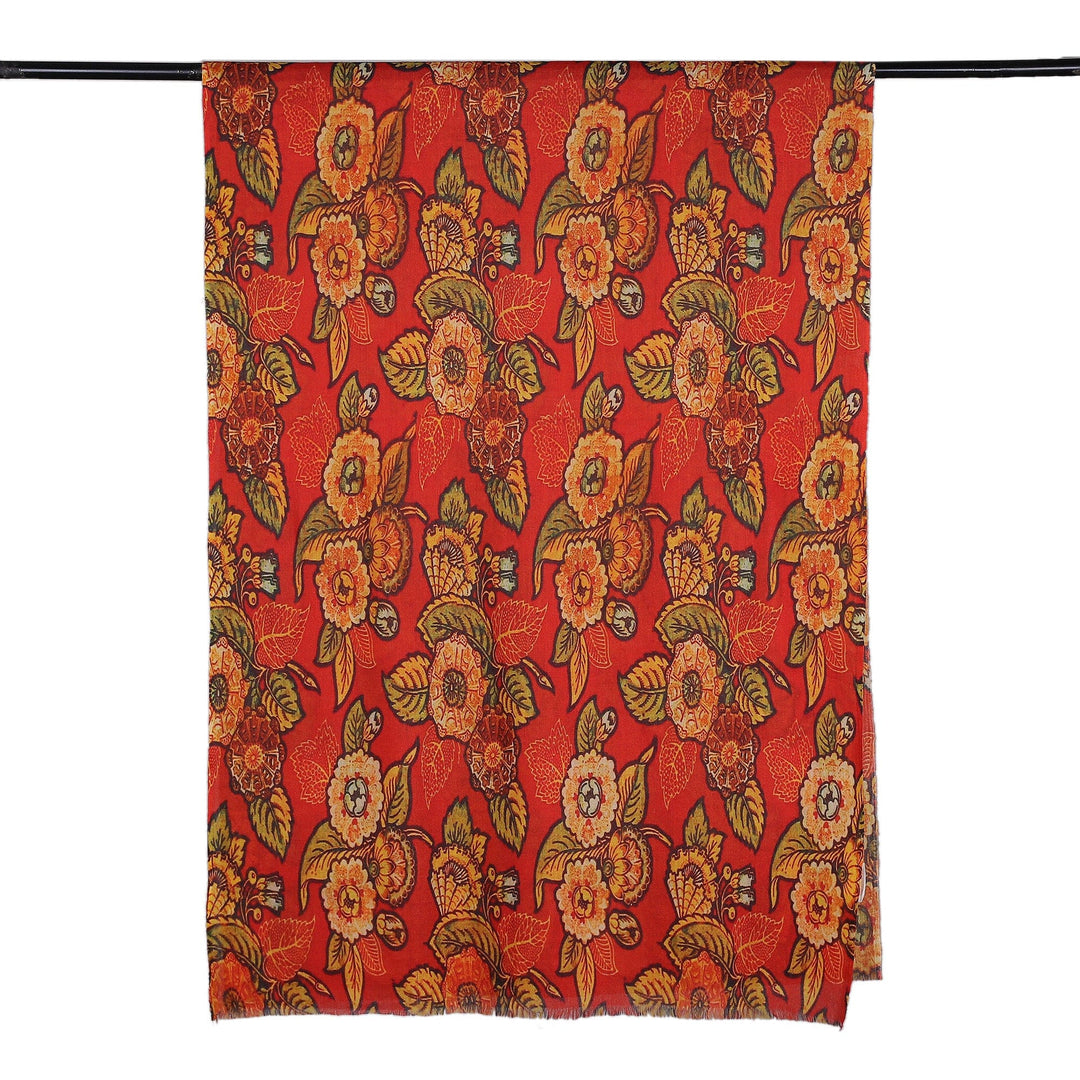 Floral Printed Poppy and Orange Wool and Silk Blend Shawl - Spring Sunset