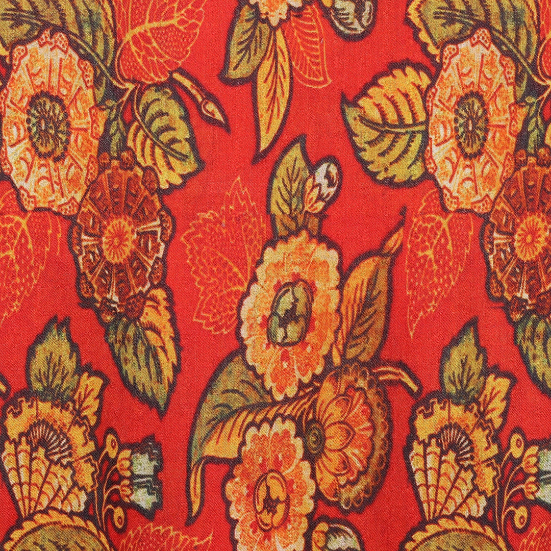 Floral Printed Poppy and Orange Wool and Silk Blend Shawl - Spring Sunset