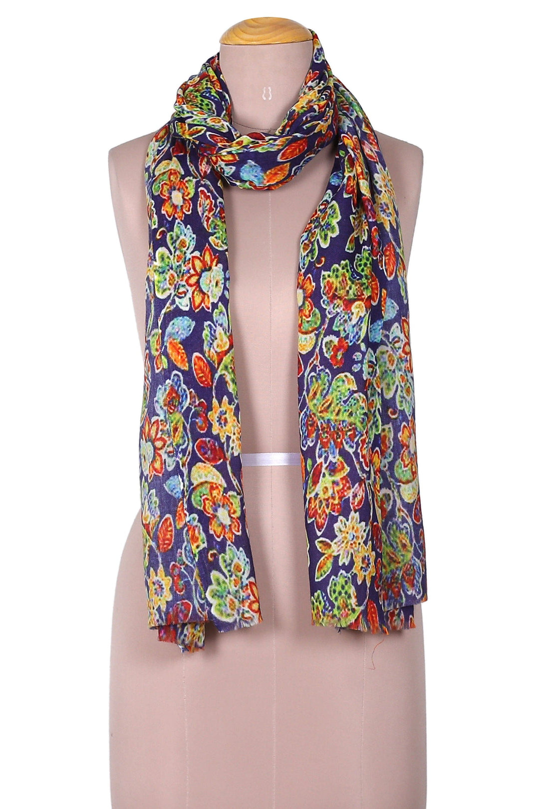 Floral Printed Indigo and Red Wool and Silk Blend Shawl - Spring Spell