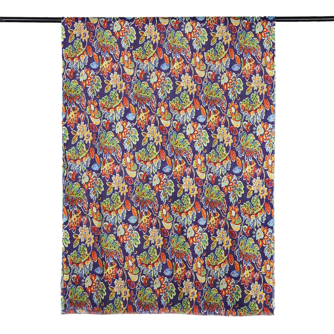 Floral Printed Indigo and Red Wool and Silk Blend Shawl - Spring Spell