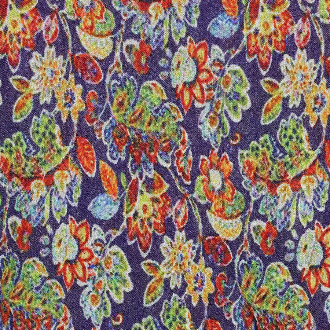 Floral Printed Indigo and Red Wool and Silk Blend Shawl - Spring Spell